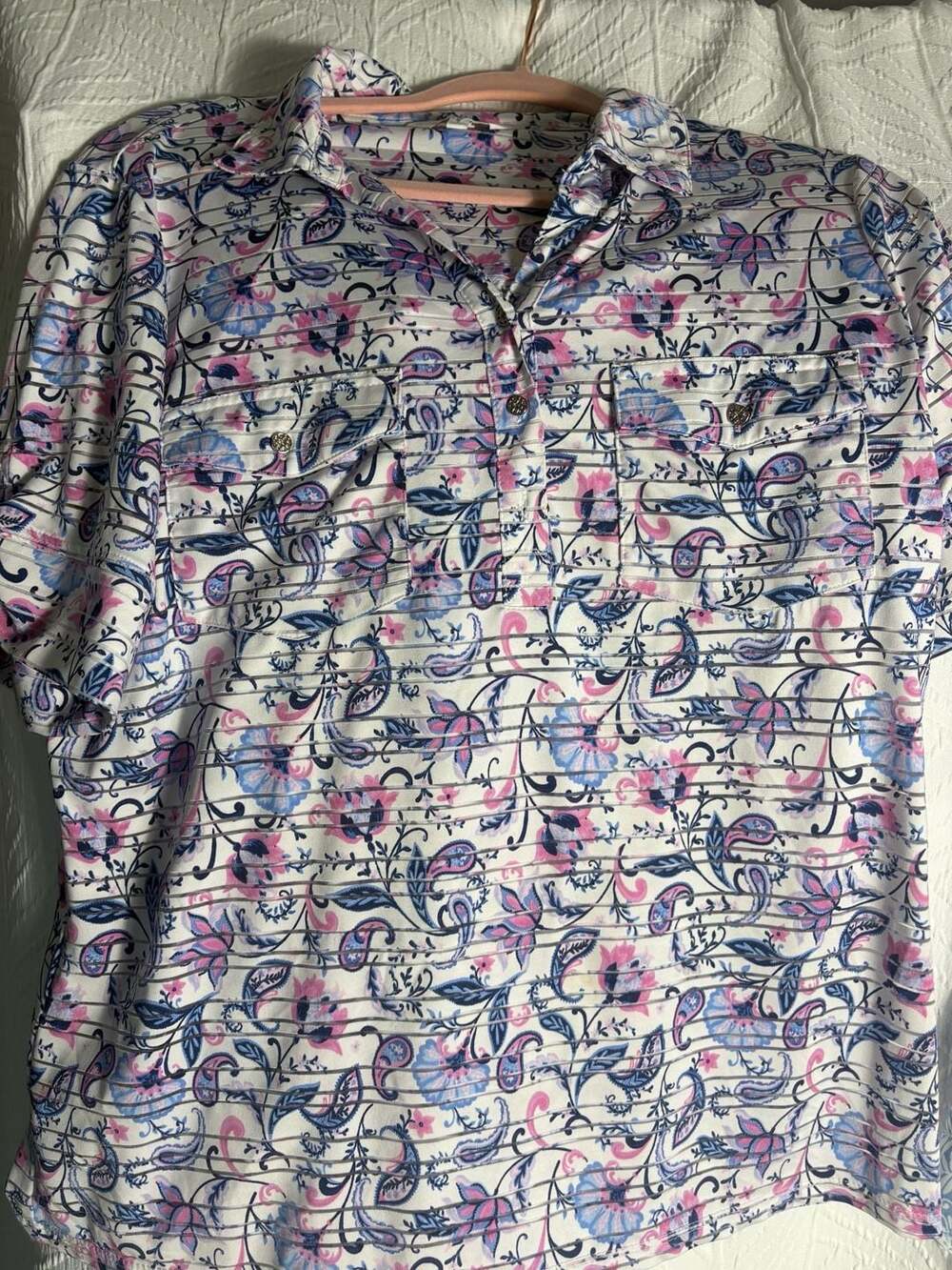 Coral Bay Polo Shirt Size L Floral Paisley Pink Blue White Short Sleeve